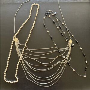 Three Elegant Long Necklaces Pearl and Black Beaded Necklaces